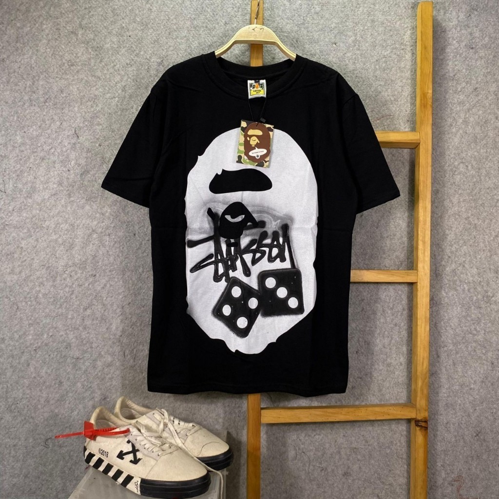 KAOS T-SHIRT BAPE A BATHING APE HEAD X STUSSY DICE ON HEAD BLACK