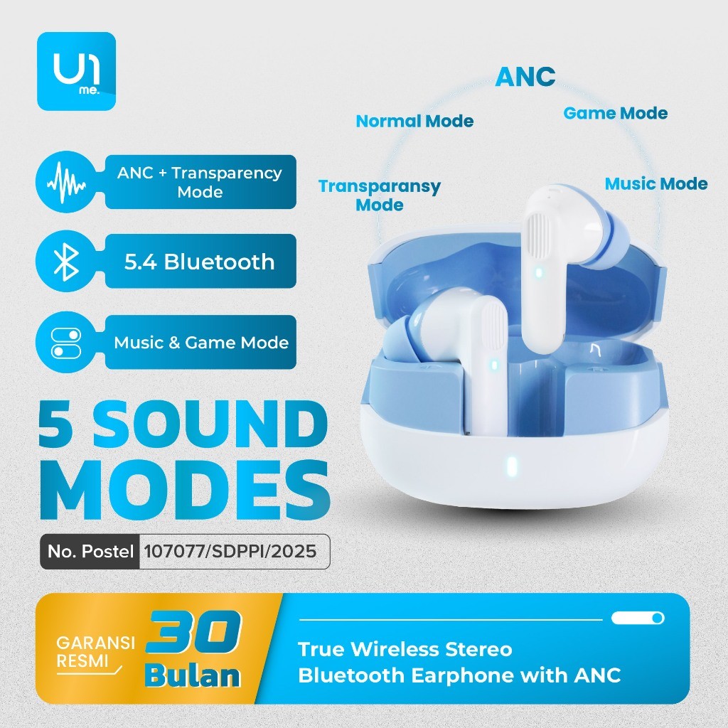 U1me. Space Pro TWS Earphone Bluetooth 5.4 ANC Mode, Transparency Mode, Music Mode, Gaming Mode Earb