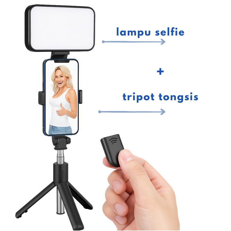 Tongsis Tripod + Flashlight Selfie LED/ Tongsis Bluetooth / Tripod Wireless / Selfie Stick Remote / 