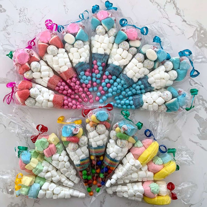 

50pcs Clear Cone Candy Storage Bags Cones Transprant Plastic Bag Popcorn Candy Bags for Baby Shower Wedding Party Bags Supplies