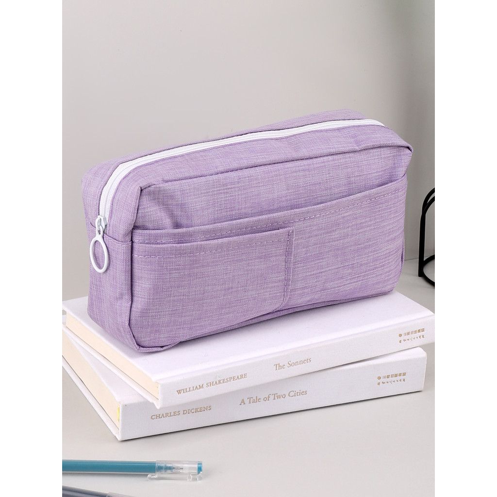 

Purple Solid Color Pencil Case Multi-Layered High-Capacity Pencil Pouch Stationery Storage Bag Back-To-School Zipper Pencil Case