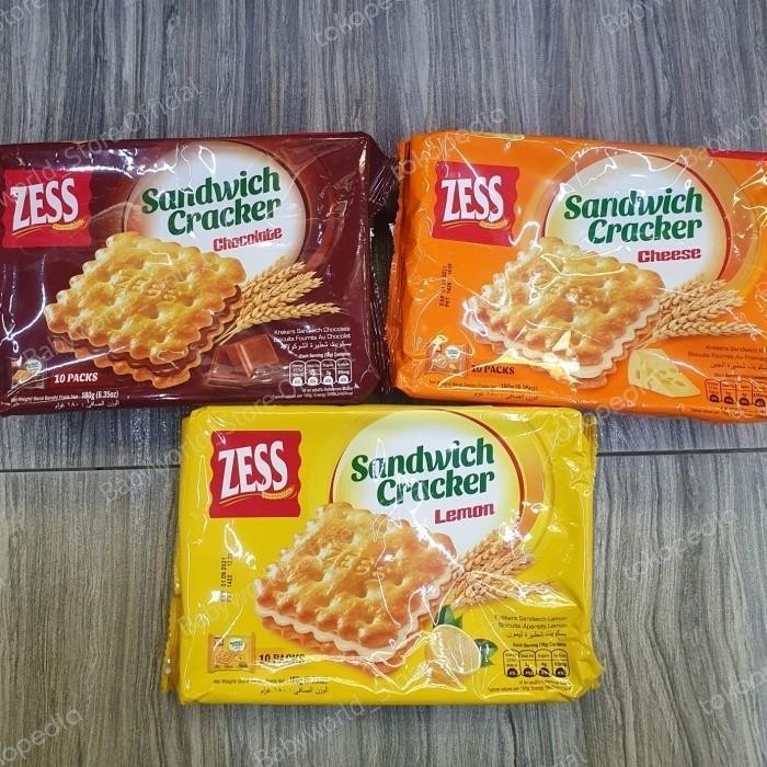 

Zess Sandwich Cracker Biskuit 180gr Rasa KEJU / COKLAT / LEMON ( 10 packs )