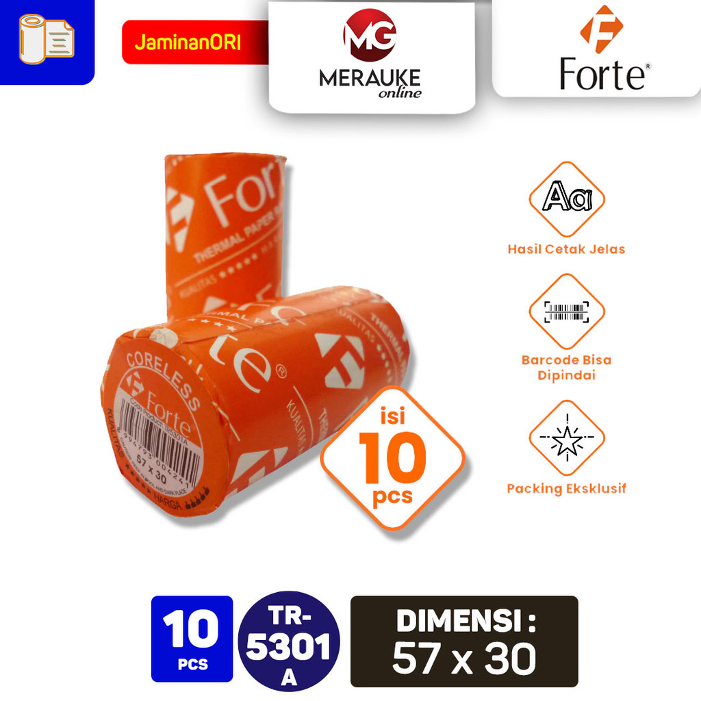 

FORTE Kertas Thermal / Kertas Kasir 57x30mm coreless (1 Pack isi 10 Rol)