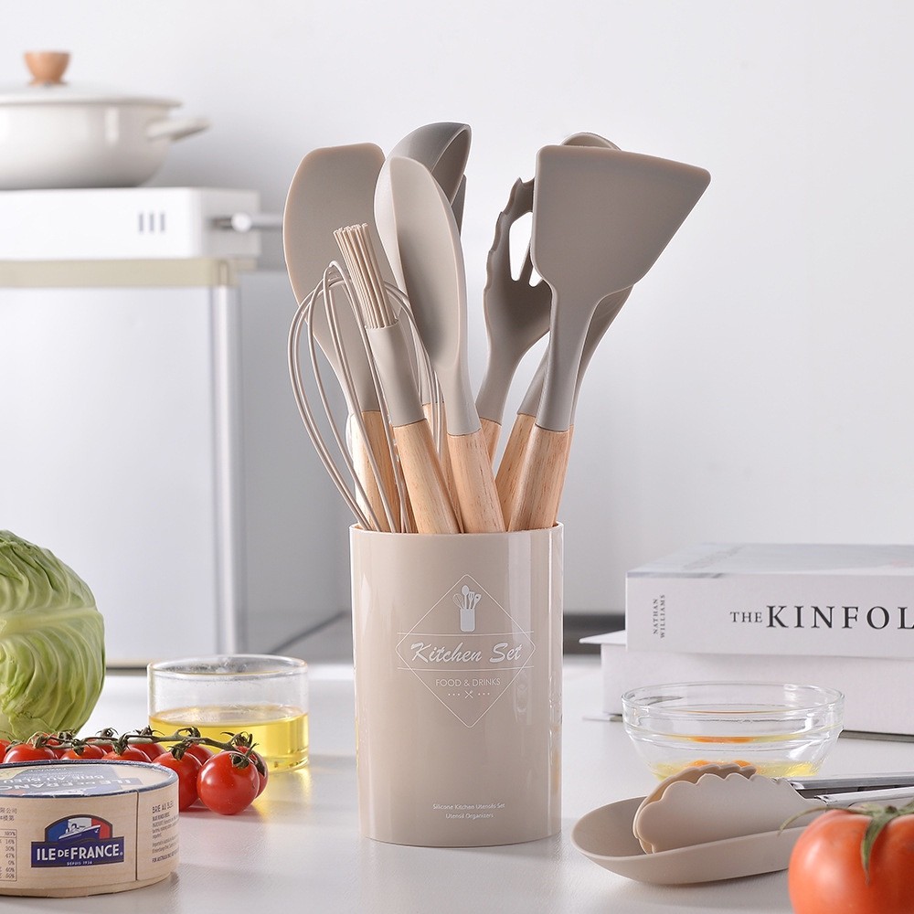 

One Set 11 in one Spatula Silicon Utensil Gagang Kayu Cream