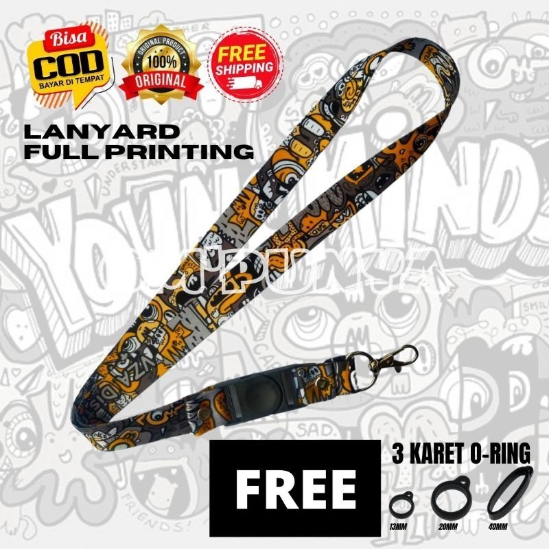 

Lanyard Gantungan Bonus 3 Karet Motif Doodle Yellow VZA Full Print Bolak Balik