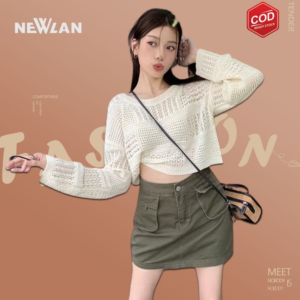 Newlan ZZ096 Sweater Potongan Tipis Longgar Untuk Wanita Crop Top Rajut Jaring/Outer Knit Atasan Rou