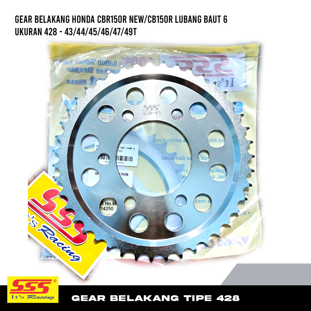 Gear Gir Belakang SSS CBR150R New 2019 CB150R NEW FI 6 Lubang Baut CBR150 NEW Ukuran 428 43T 44T 45T