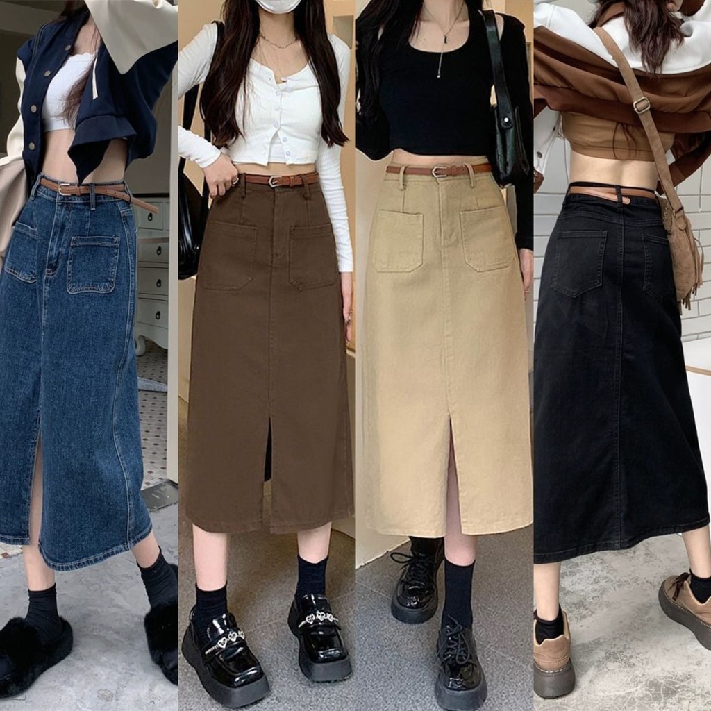 Rok panjang cowgirl ala korea Rok denim pinggang tinggi retro Rok midi denim A-line dengan belahan