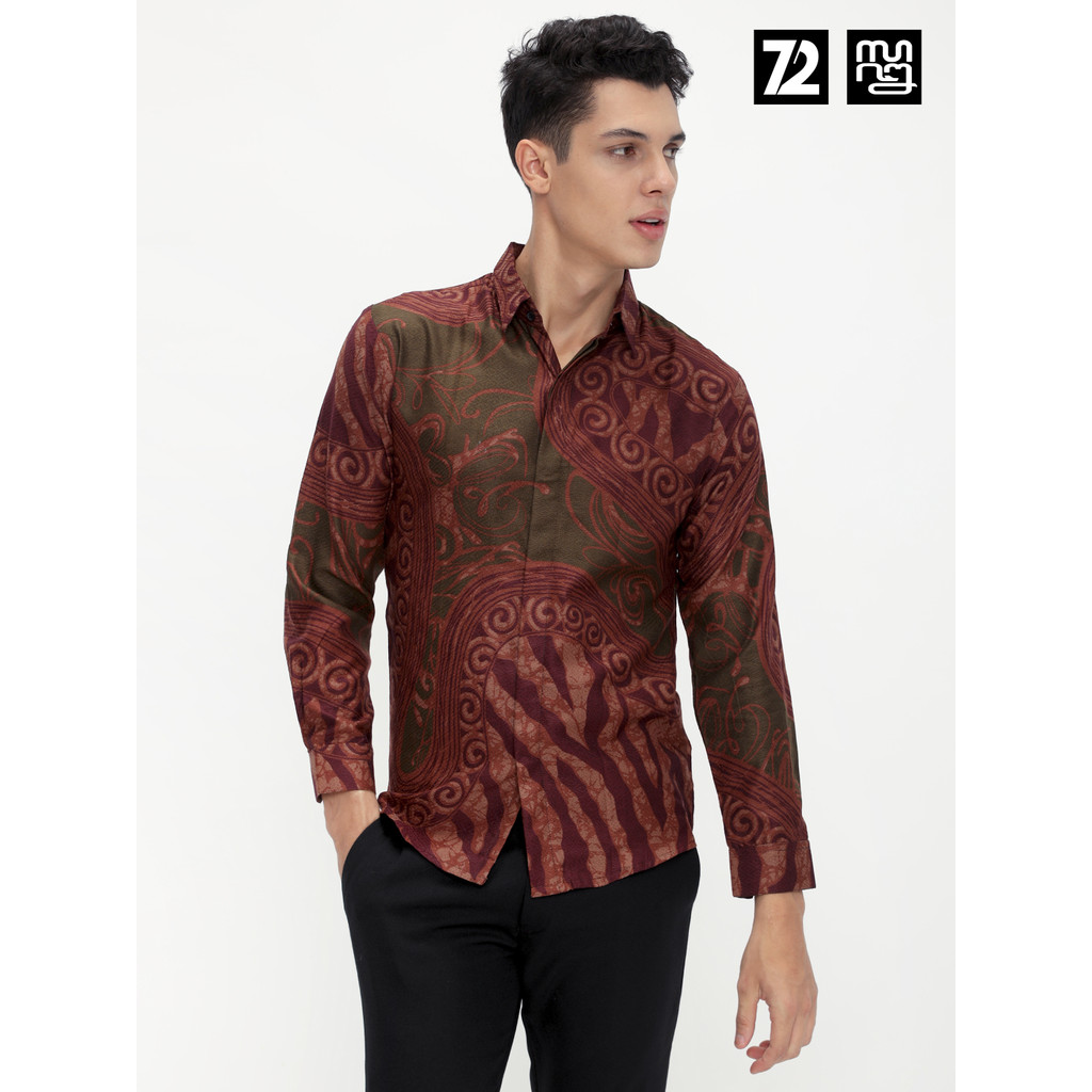 KEMEJA BATIK PRIA Dobby Lengan Panjang Premium Motif Loreng Warna Burgundy Hijau Alam 724971 Cap 72 