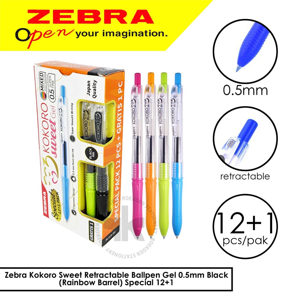 

Zebra Kokoro Sweet Retractable Ballpen Gel 0.5mm Black (Rainbow Barrel) Special 12+1