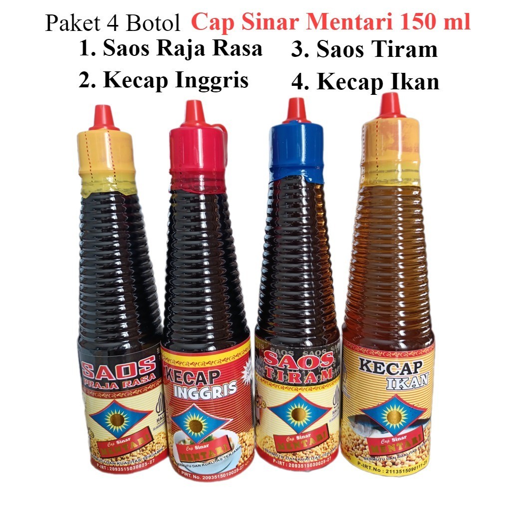 

Paket Heboh Isi 4 Botol Cap Sinar Mentari 150 Ml -Kecap Inggris, Saos Raja Rasa, Saos Tiram, Kecap Ikan