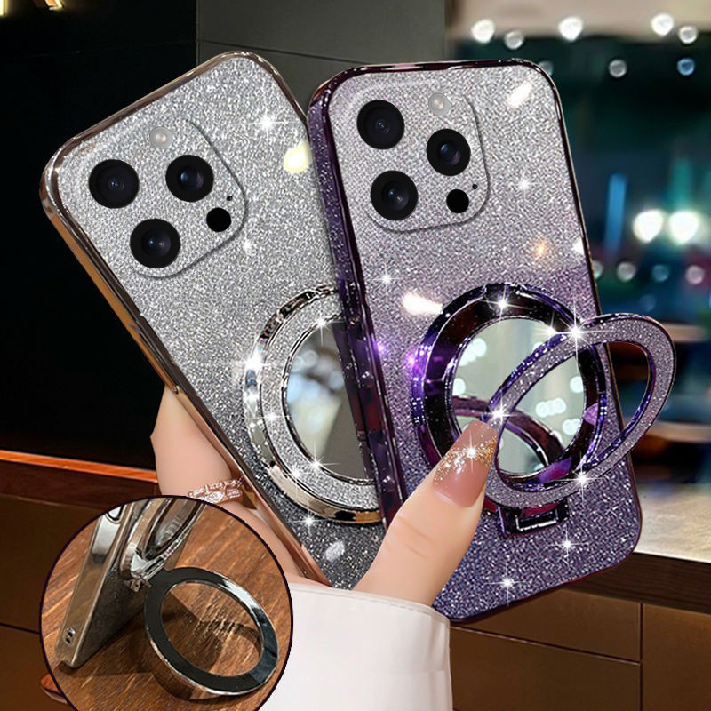 For iphone 16 Pro Max Case with Makeup Mirror Holder Stand Luxury Shiny Gradient Plating Glitter Sli