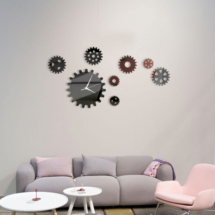 Large DIY Wall Clock, Home Decor 3D Mirrors Acrylic Wall Mirror Clock Stickers, Vintage Gear Design 