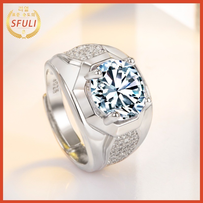S925 Cincin Perak 5 Karat Platinum Pria Ring Mendominasi Berlian Penuh