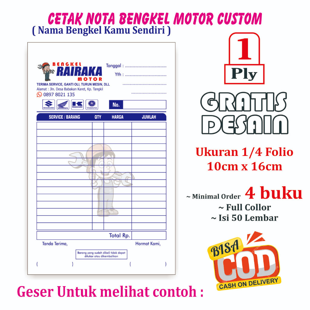 

Cetak Nota Bengkel Motor 1 ply custom Nama Sendiri Desain Suka suka