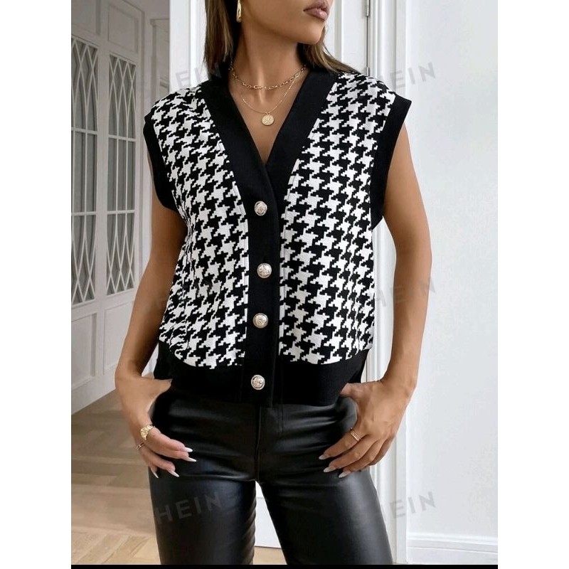 Vest Rajut Kancing Hidup Motif Houndstooth/Rompi Rajut Wanita/Outer Rajut/Tanktop Rajut  Knitwear