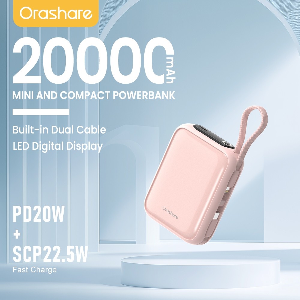 Orashare PCM20 Mini Powerbank 20000mAh Built In Dual Cable 22.5W Fast Charge Compact and Portable