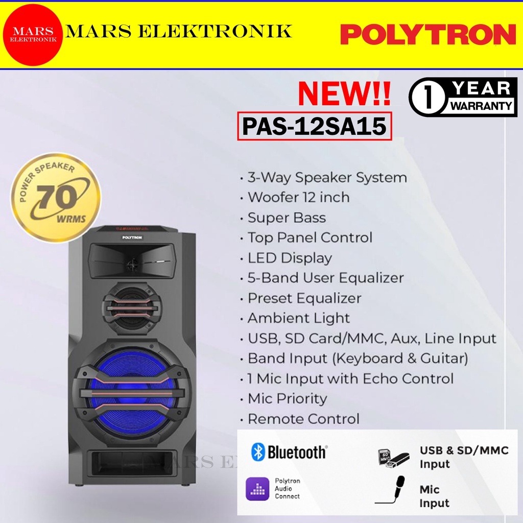 SPEAKER POLYTRON PAS 12SA15 - 12 INCHI - TOP PANEL CONTROL - BLUETOOTH - PAS 12 SA15