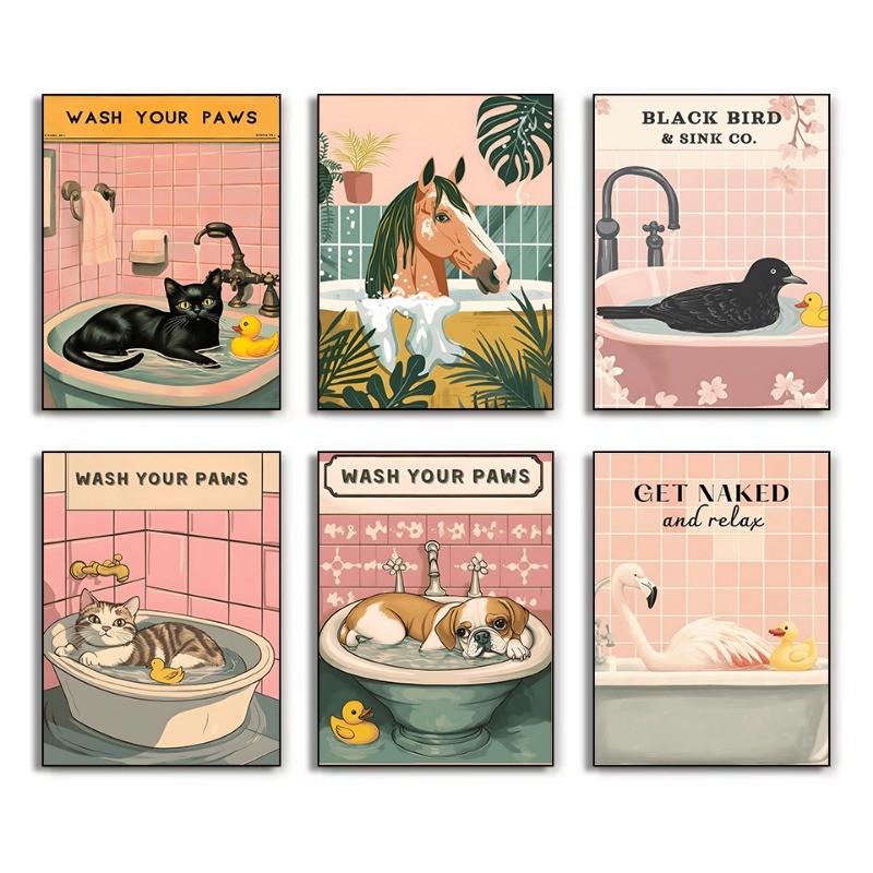 

Funny Animal Bathtub Art Series Poster Print Canvas Pictures Home for Washroom and Bathroom Wall Modern Decor Frameless Painting
