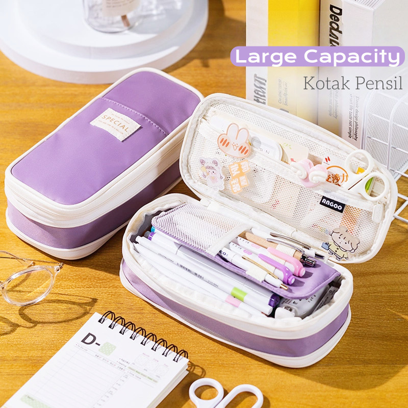 

CARAT Multi-Layer System Tas Pensil 4 Ruang/Kotak Pensil Angoo Kawaii Purple Pencil Cases Large Capacity Box for Girls Office Student Stationery Organizer