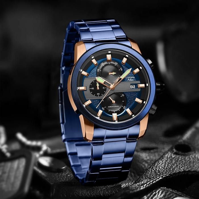 DISKON  Cristiano Aillen Jam Tangan Pria Analog 8889 Rantai Stainless Steel Chronograph Kaca Sapphir