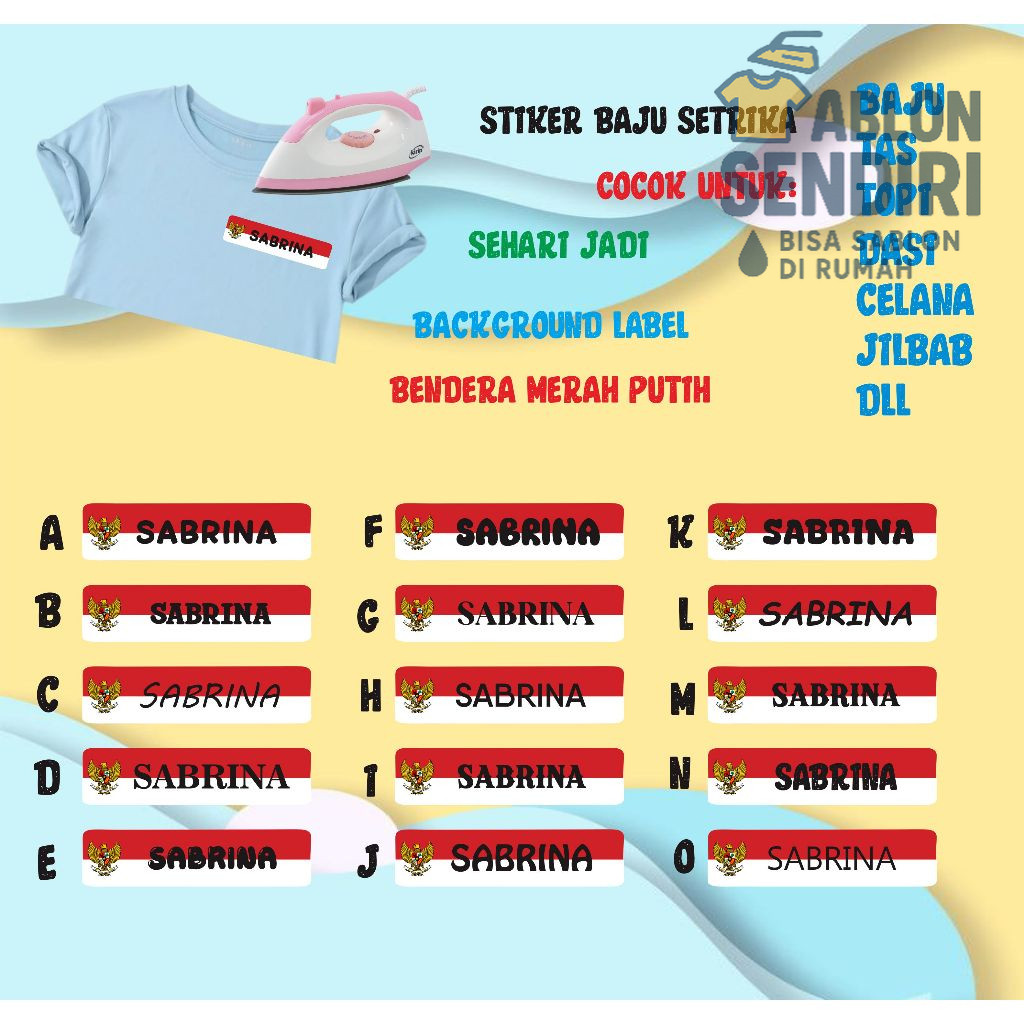 

Stiker Label Nama/Stiker Setrika Nama/Custom Nama Bahan Dtf Waterproof Untuk Anak-anak dan Dewasa Perlembar Isi 30 Pcs Background Bendera Merah Putih