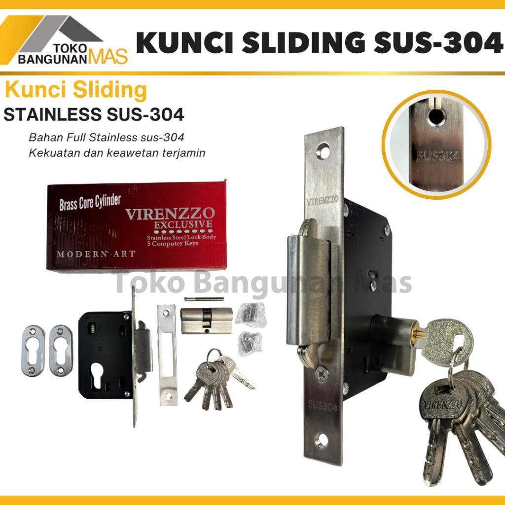 Body Kunci Sliding Stainless SUS-304 Virenzzo Body Kunci Mekar Body pintu geser SUS-304
