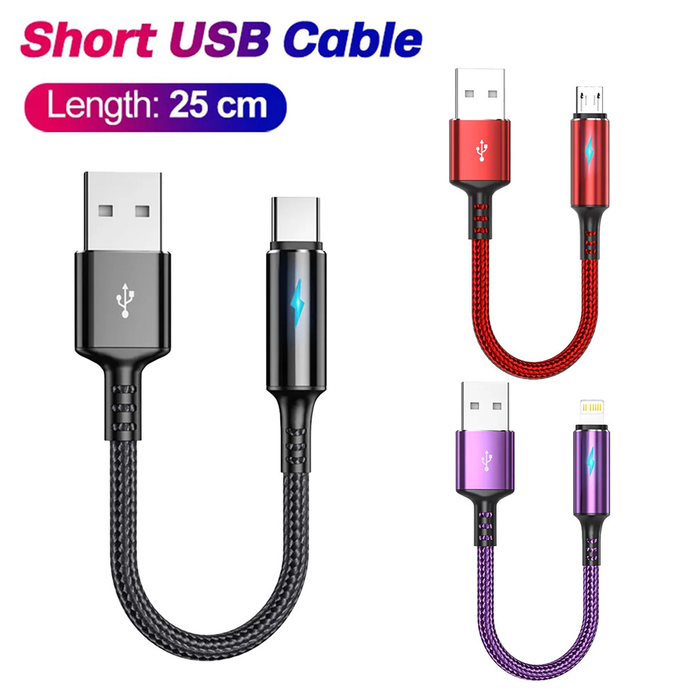 0.25m Portable Ultra Short USB Fast Charging Cable For iPhone 14 Xiaomi Oneplus 3A Phone Power Bank 