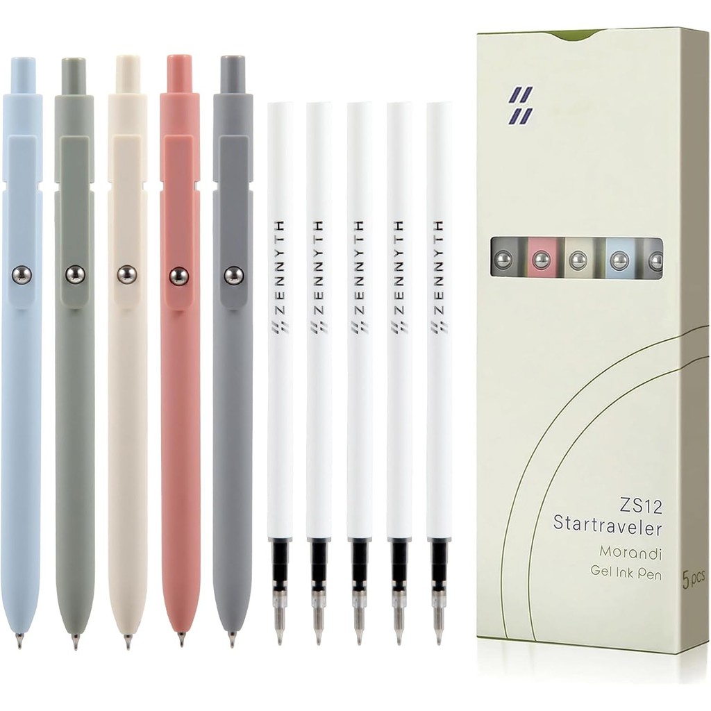 

5 Gel Pens and Refills, 0.5 mm Fine Nib, Quick Drying Black Ink Smooth Writing Retractable Pen (5 Pieces Morandi + 5 Original Re