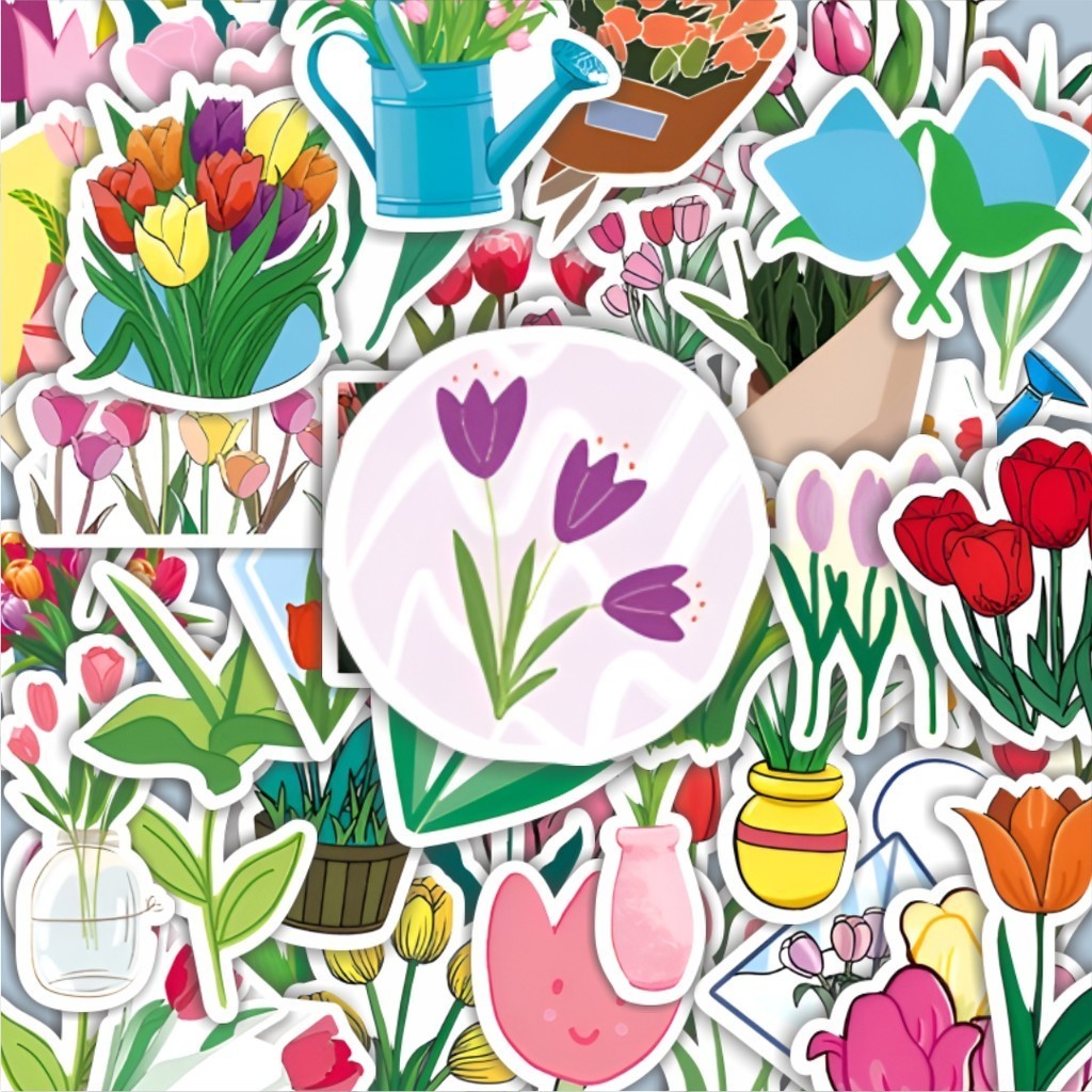 

100PCS Lucu Stiker Bunga Tulip Stiker Aesthetic Stiker Anti Air Stikers Berperekat Waterproof sticker decal buat Motor Helm Buku Journal Koper Casing HP Laptop Botol Minum Hadiah anak