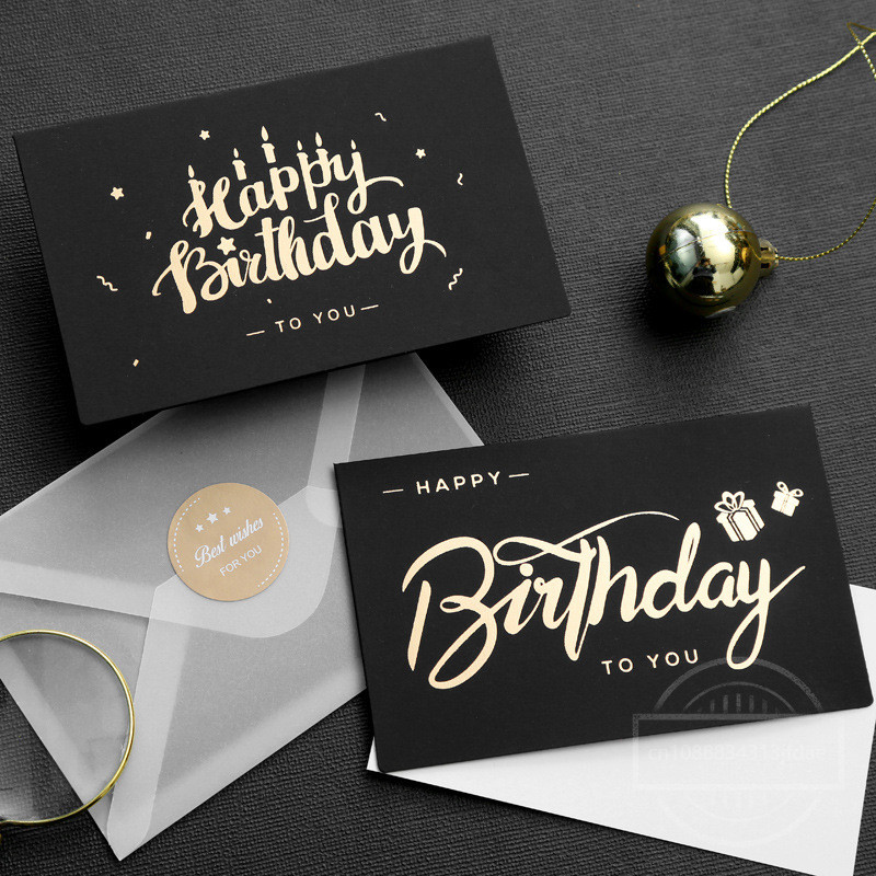 

Black Birthday Greeting Card Bronzing Invitations Postcard Wishes Blessing Message Cards Small Card Blank with Envelope Greeting
