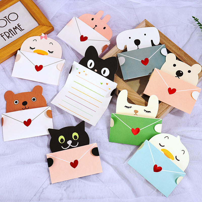 

1/9pcs Cute Cartoon Gift Card Folded Envelope Greeting Card Holiday Wishes Postcards Animals Birthday Cards For Students Party