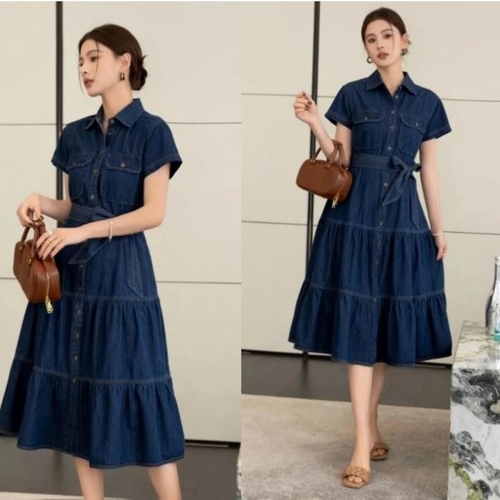 Jeans_Options Terusan Jeans Wanita Flo Dress Cassual Midi - Dark-blue, XL