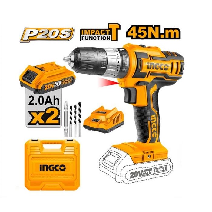 MESIN BOR IMPACT DRILL CORDLESS 20V 10mm45 Nm INGCO CIDLI200215