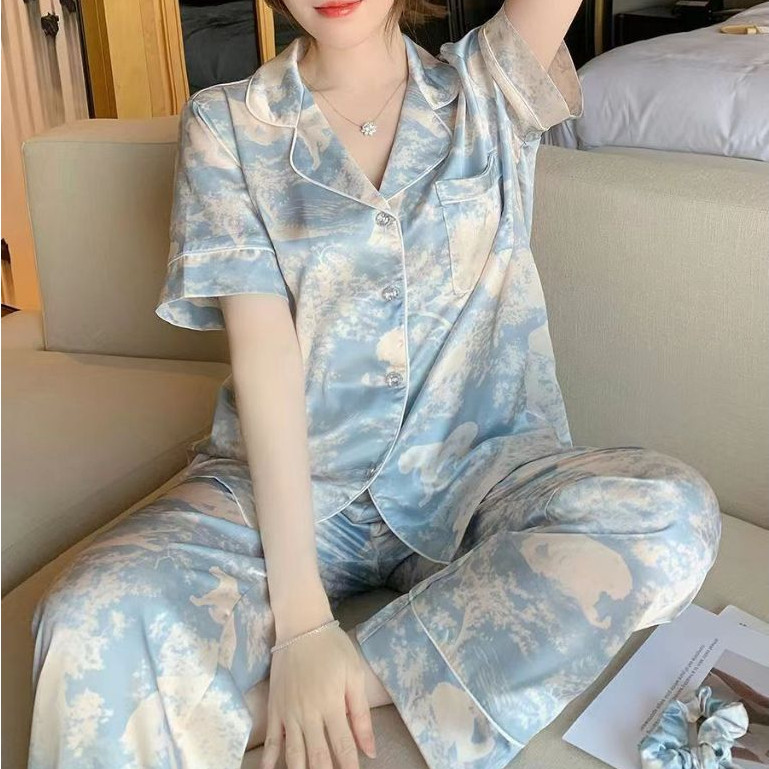 piyama sutra sutra es tie-dye baru piyama wanita sutra manis dan indah angin lengan pendek celana pa