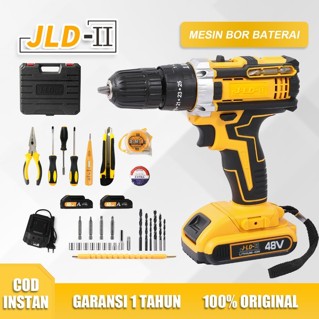 Mesin Bor Batere JLD Kuning Type King 48v & 36v Drill Cordless JLD-II Mesin Bor Baterai 48Vf 10mm 3i