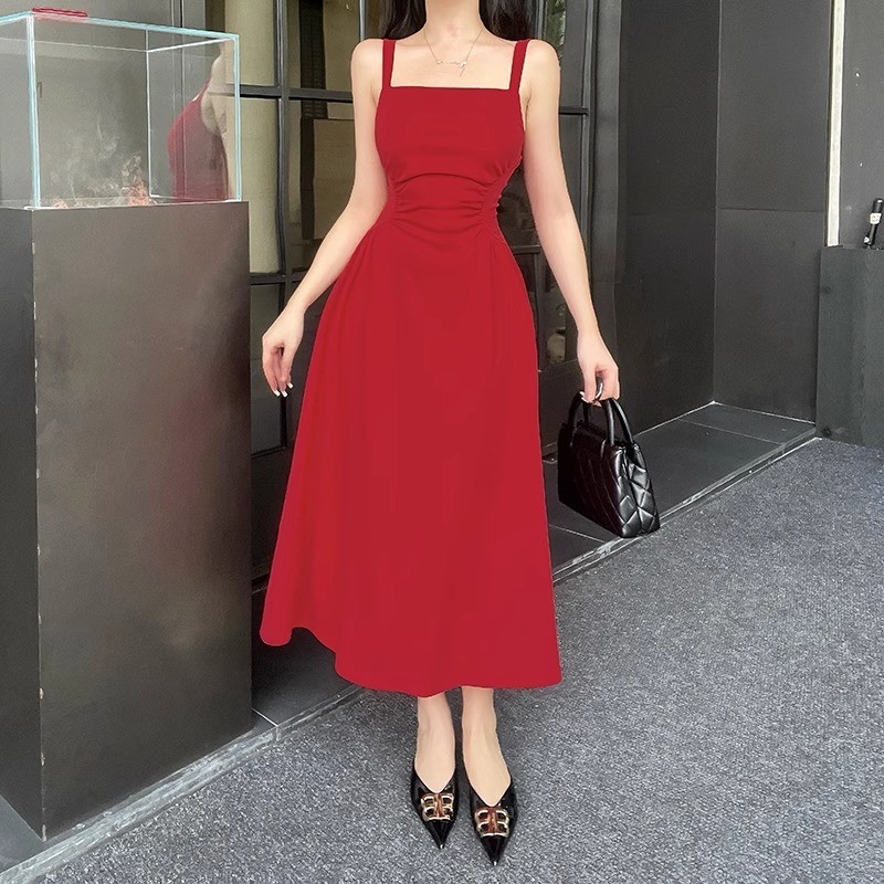 Meirong baju dress merah maroon pantai panjang korea style dress santai tanpa lengan well oversize w