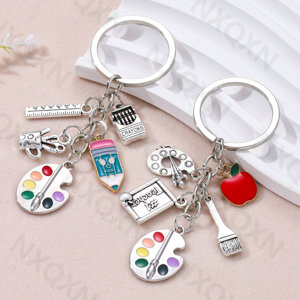 

Classic Drawing Board Ruler Crayon Pencil Enamel Keychain Apple Brush Pendants For Women Men Good Teacher Gift Handmade Jewelry