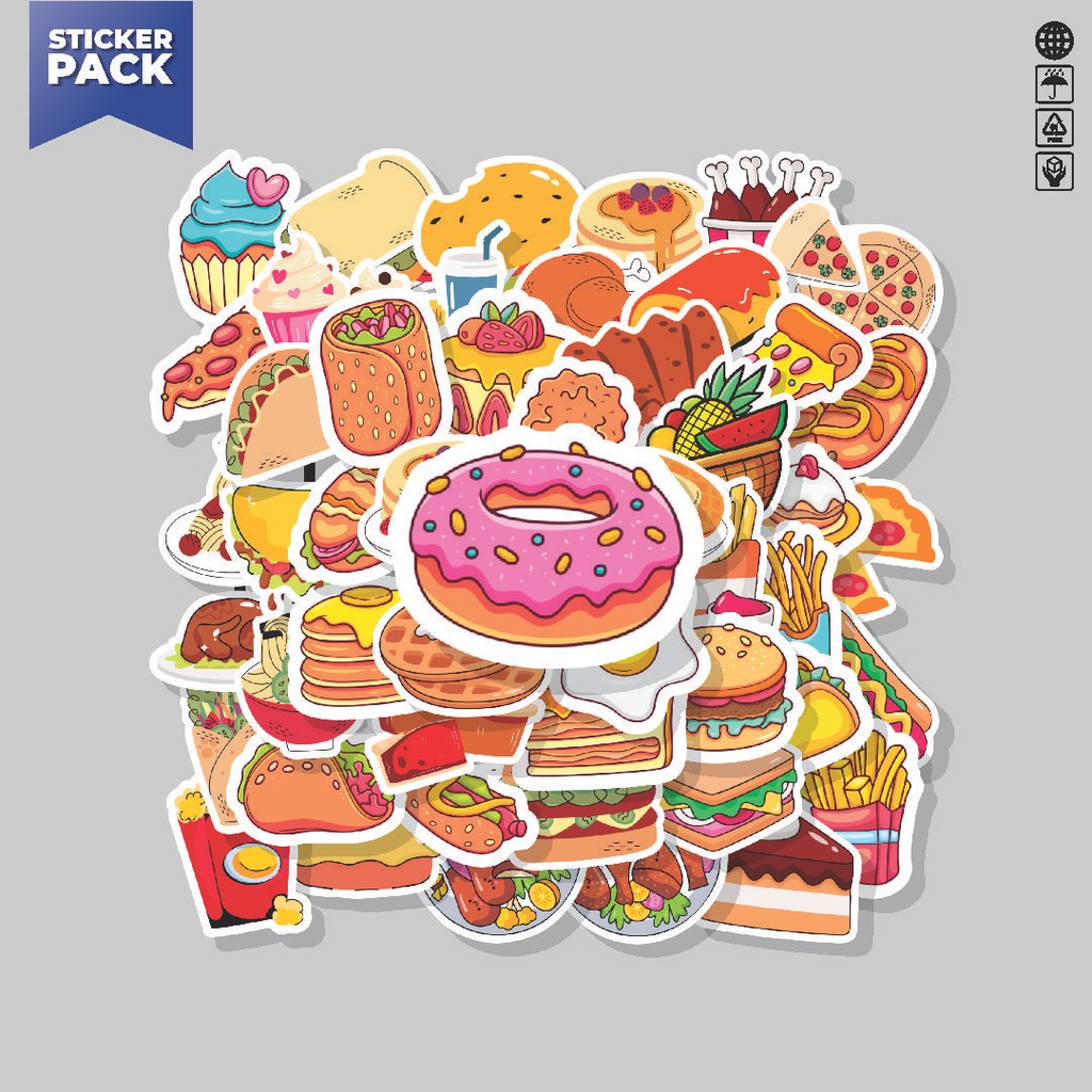 

[100PCS]Stiker Pack Stiker Mix Delicious Food [Campur Makanan Lezat] Aesthetic Vinyl Anti Air Dekorasi Sticker Laptop Buku Journal Koper Helm Casing HP Gitar Helm Skateboard