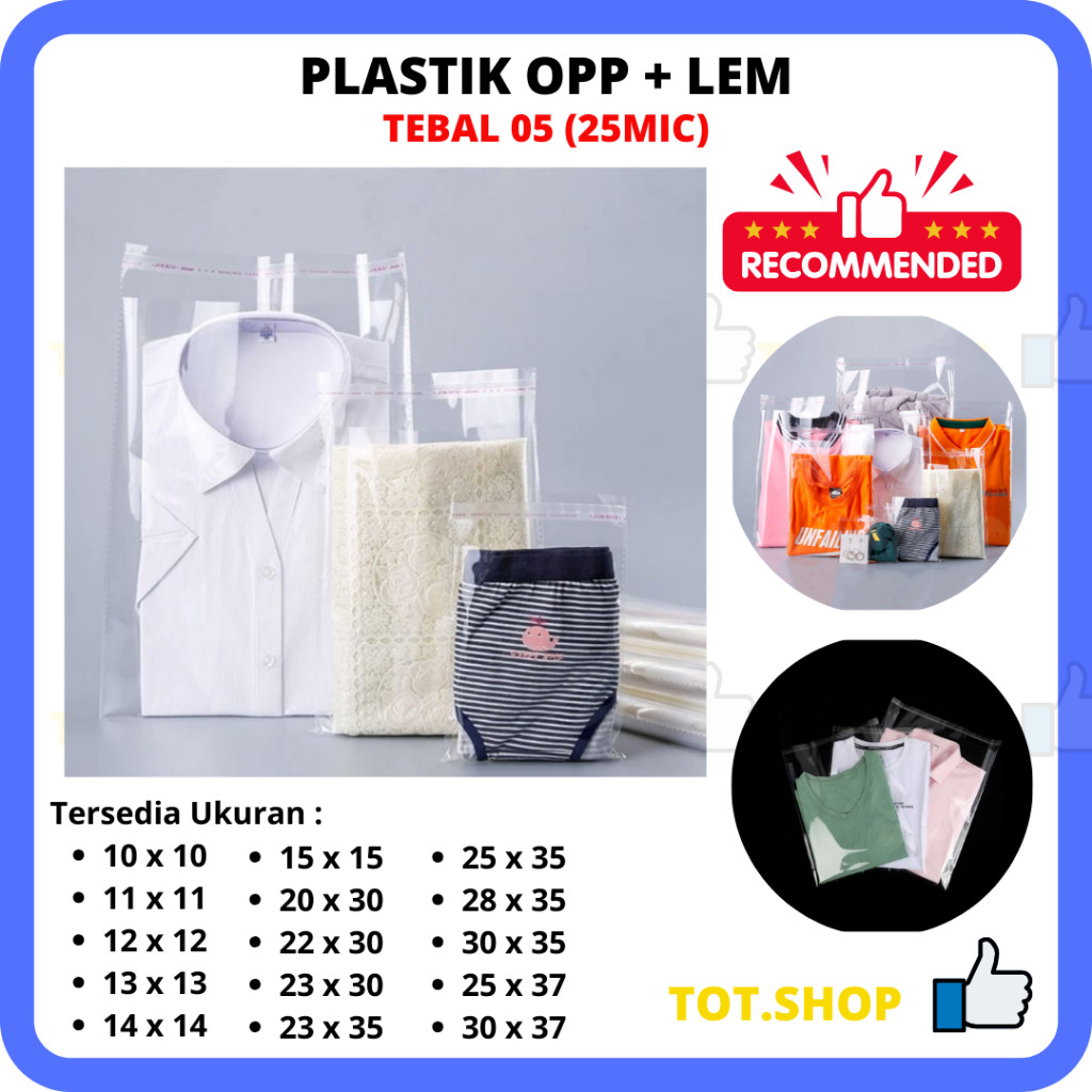 

[Min 5] (05) 10x10/11x11/12x12/15x15 isi 100-lbr Plastik OPP Kaca Lem Bungkus Baju, Kaos, Jaket/Packing Sandal