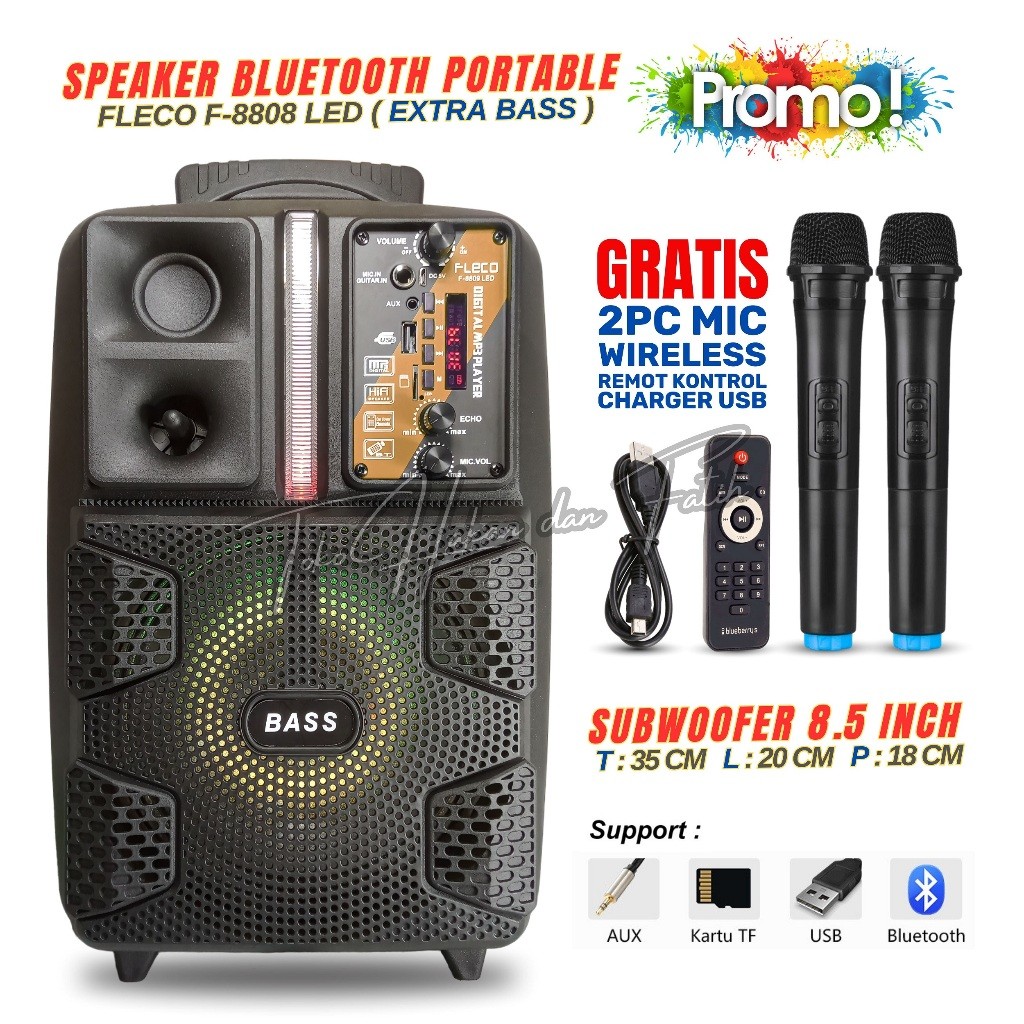 SERBA COD NEW SPEAKER BLUETOOTH FLECO F 8808 LED 8'5 INCH FREE 2 MIC WIRELESS KARAOKE + REMOTE - SPE