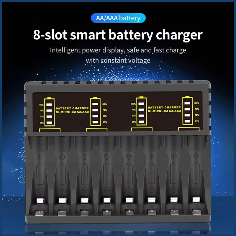 Charger USB untuk Batrei, 8 Slot AA/AAA, Pengisi Daya Cepat dengan Indikator LED