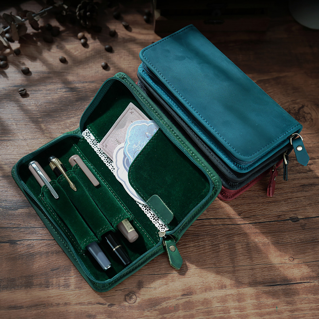 

Genuine Leather Zipper Pencil Case Multi-functional Pen Pouch Pen Holder Organizer Bags Stationery Office School Supplies