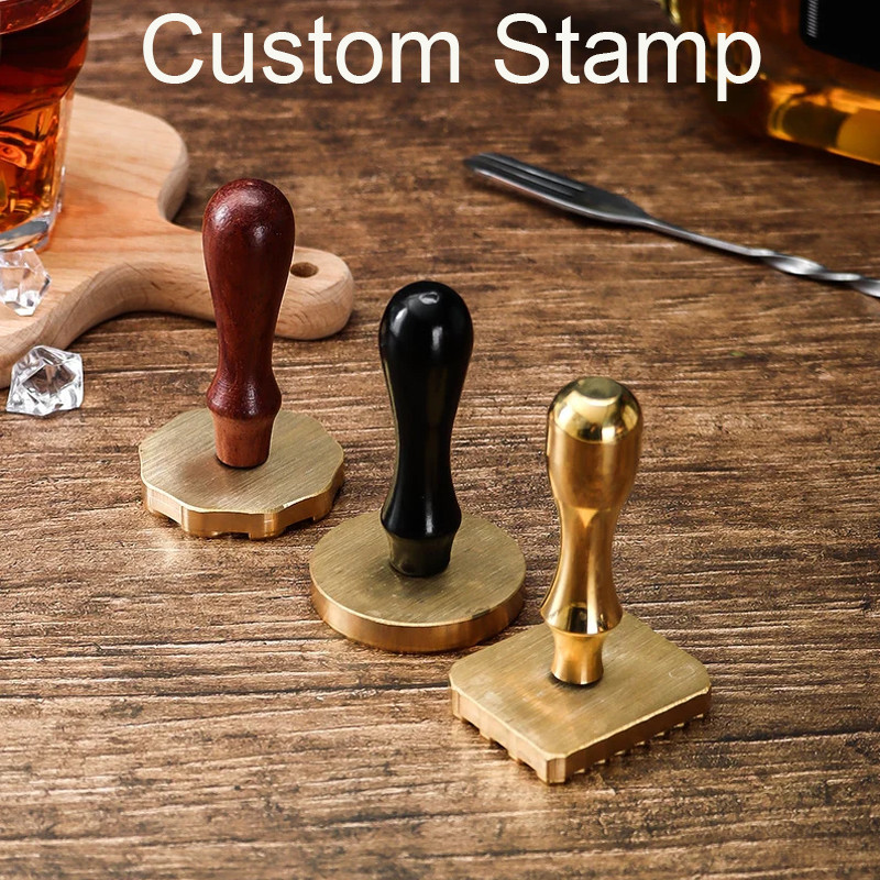 

3cm Custom Ice Cube Stamp in Brass, Clay Stamp with 1 Black Wooden Handle for Weeding Bar Stamp Custom,Business Logo Soap Stamp
