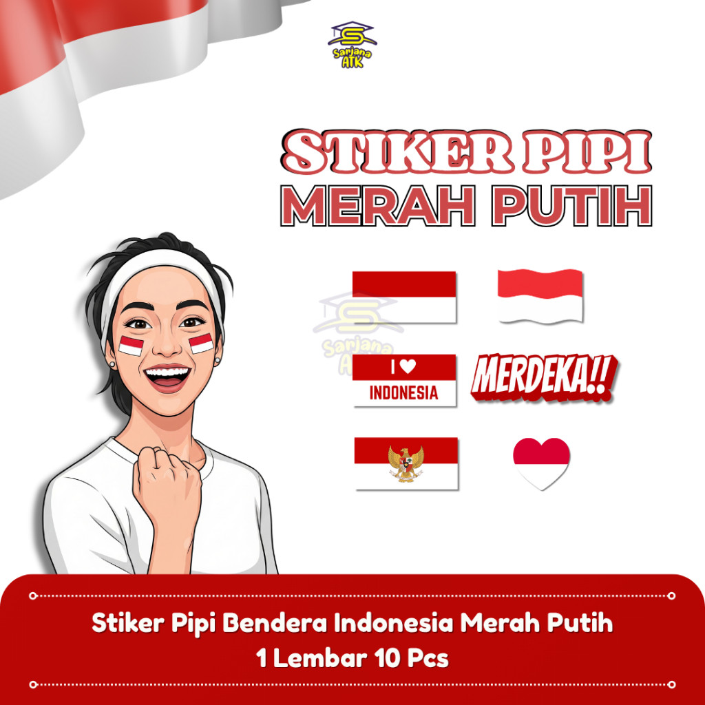 

(1 Lembar isi 10 pcs) Stiker Pipi Bendera Indonesia Merah Putih / Love Indonesia / Garuda