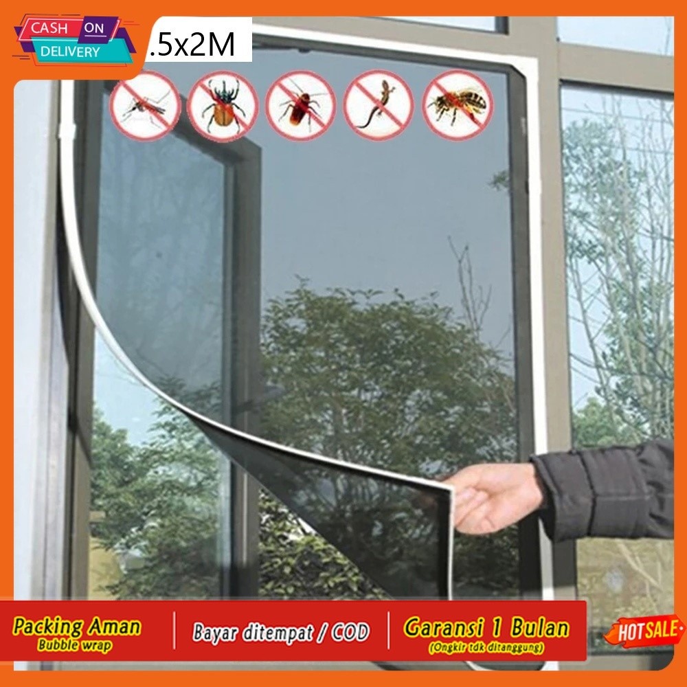 Kelambu Jaring Anti Nyamuk Jendela Kain Kasa Poliester dengan Velcro 1.5 x2 M Bebas Serangga Hitam