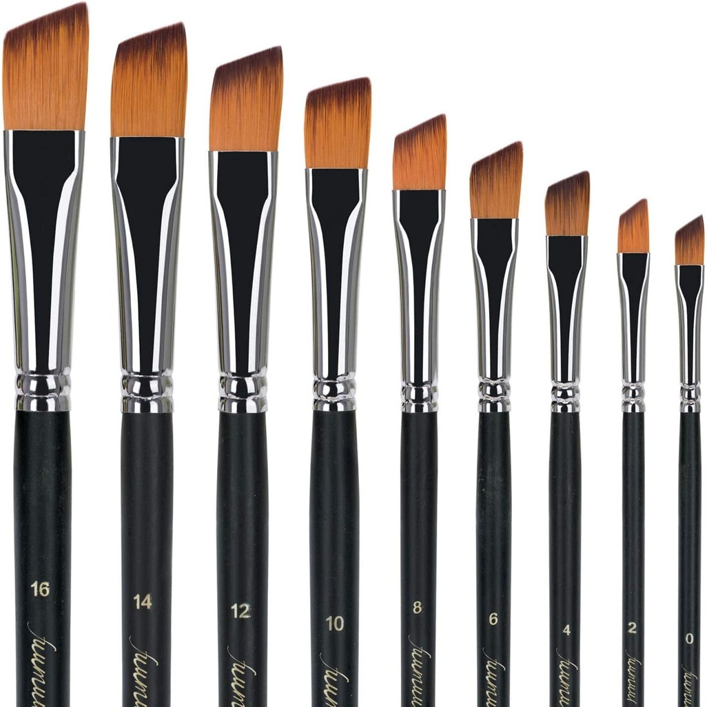 

9 Pieces Angled Professional Artist Brush Set for Watercolor, Acrylic, Oil Painting, Gouache