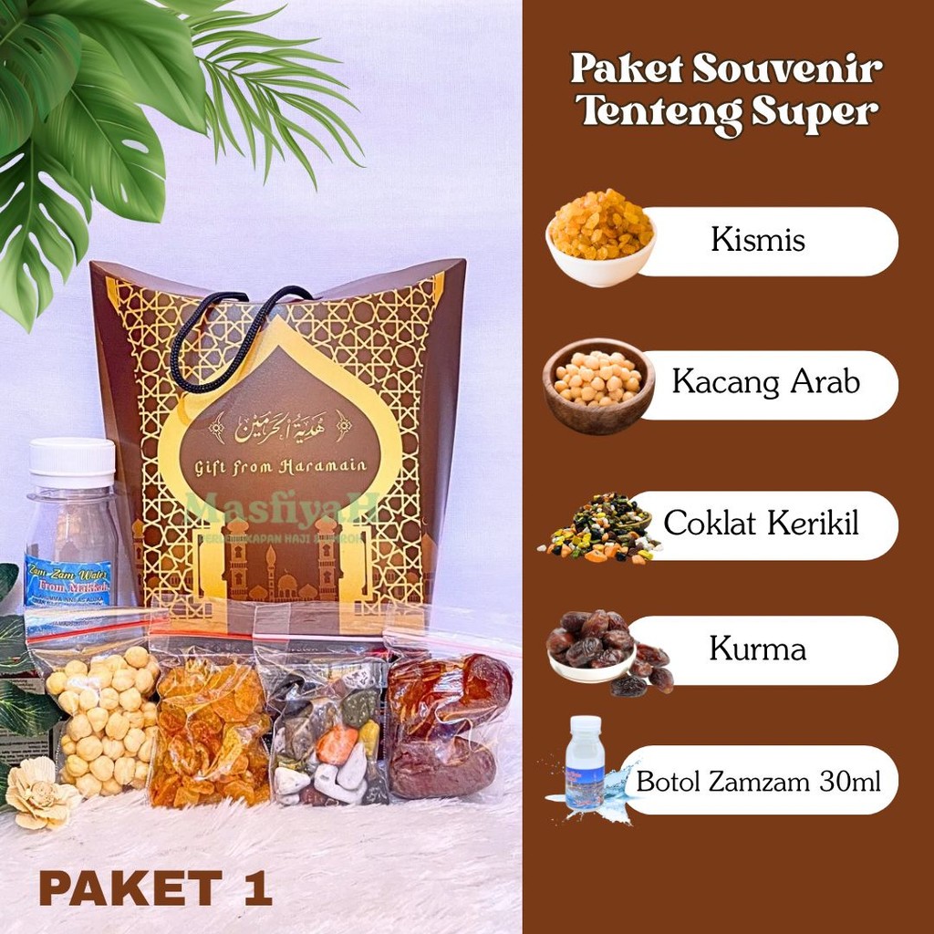 

PAKET SOUVENIR TENTENG SUPER OLEH-OLEH HAJI & UMROH Kemasan Dus tenteng Isi Air Zam-zam 30ml Kurma,,Kismis,Coklat Kerikil,Tasbih Kayu 33