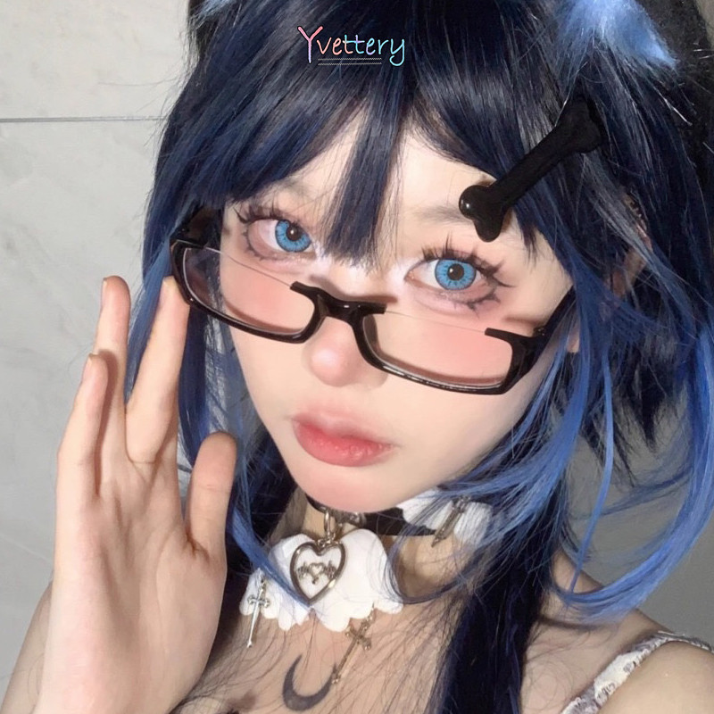 Anime Bingkai Kacamata Bingkai Hitam Setengah Persegi Wanita Anti Radiasi Lensa Datar Hitam Kacamata
