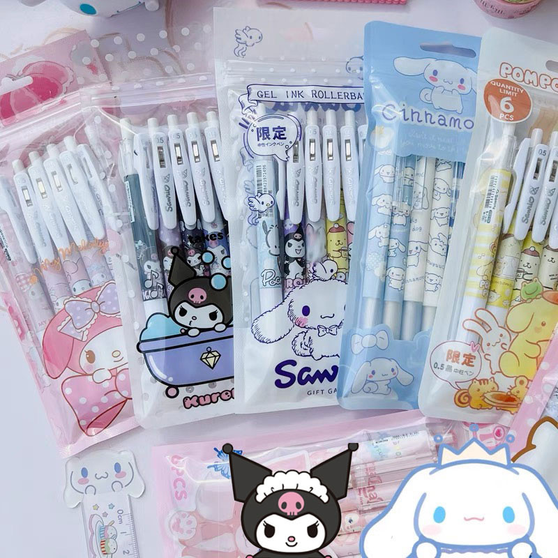 

6Pcs Sanrio Cinnamoroll 0.5mm Gel Pens Set Hello Kitty Kuromi Black Pen School Supplies Anime Cartoon Student Stationery Gift